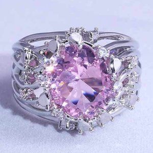 💎925 Silver Plated Hollow Pink Flower Engagement Ring, GPMB1546
